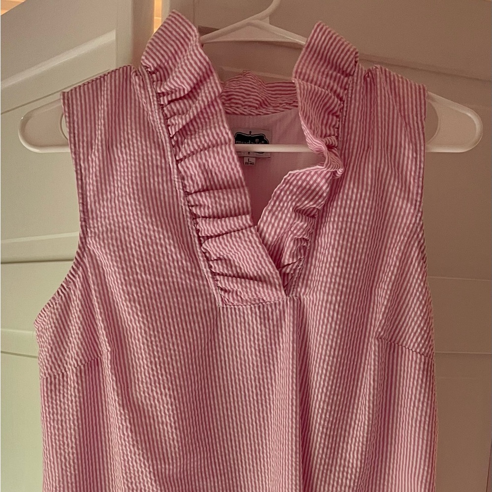 Mud Pie Pink and White Striped Seersucker Ruffle neck Dress